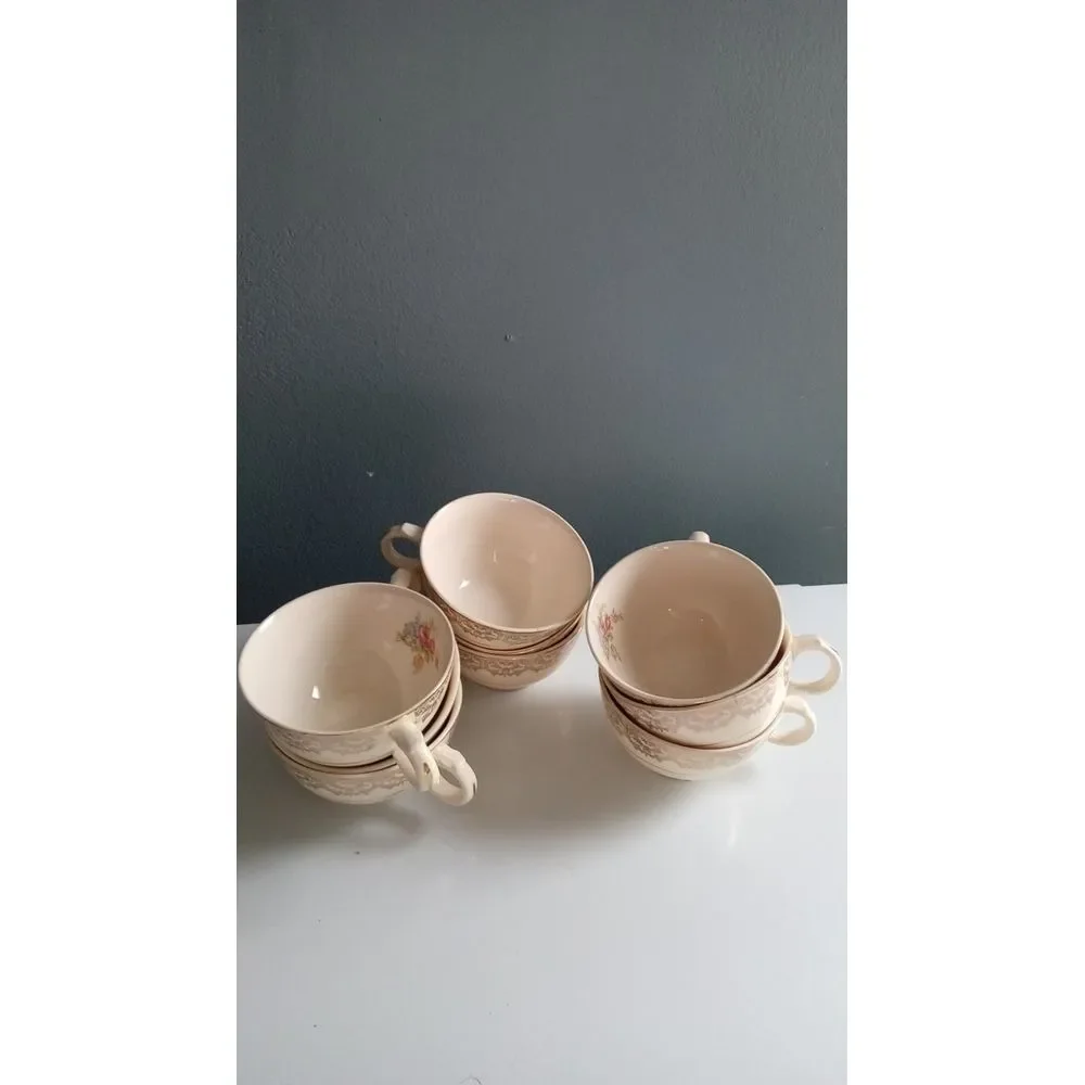 Vintage Cream Tea Cups with Delicate Floral Pattern and Gold Trim Set of‎ 6